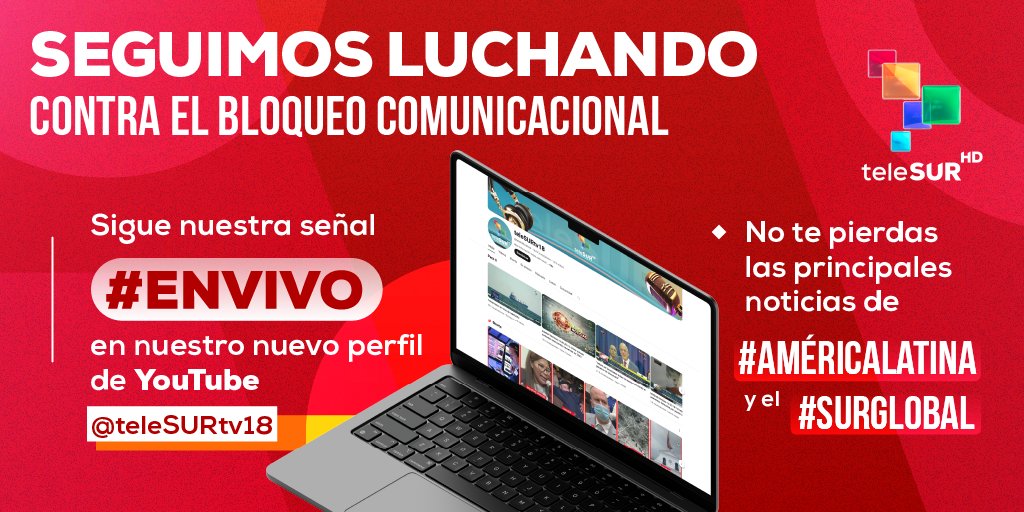 #NoNosCallarán Sigue la transmisión de #teleSUR📲 #ENVIVO🔴 a través de nuestro nuevo perfil youtube.com/@teleSURtv18 No te pierdas las principales noticias de #AméricaLatina y el #SurGlobal