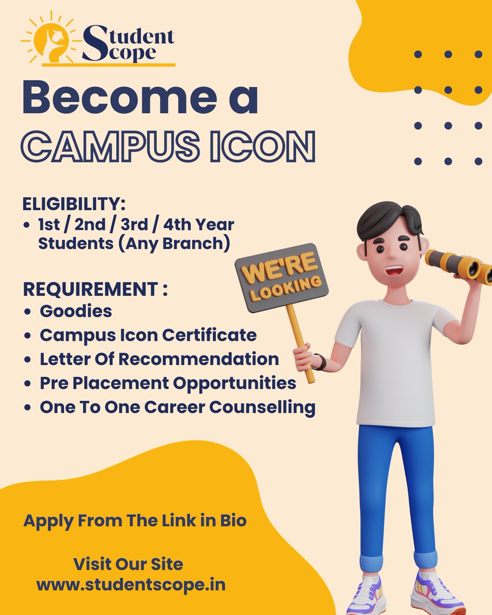 Apply For Campus Icon Program!

For more details visit - studentscope.in

#StudentScope #Student #Scope #Engineering #EngineeringLife #Trending #CampusIcon #StudentLeaders #Trailblazers #LeadershipDevelopment #VoiceOfTheFuture #ChangeMakers #EmpowerYourCampus