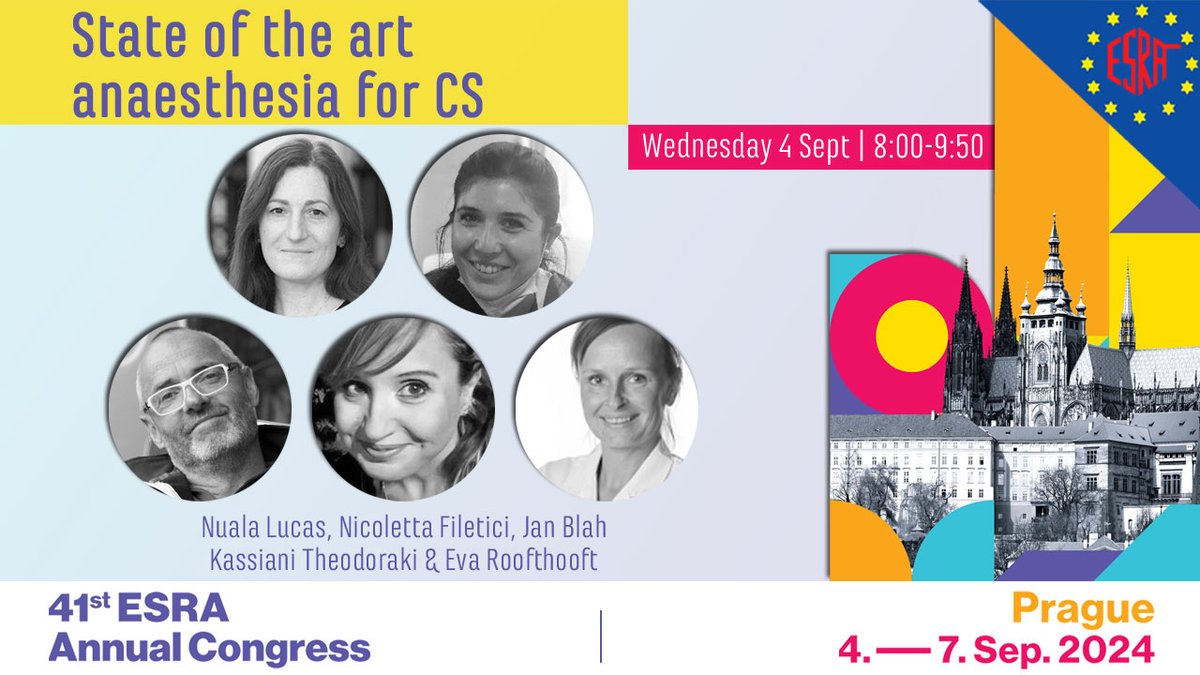 State of the art anaesthesia for CS #ESRA2024 🇨🇿 #Highlight 🗓 Wed 4 Sep | 8:00-9:50 👥 @noolslucas, @nicofiletici, Jan Blaha, Kassiani Theodoraki & Eva Roofthooft 💬 Refresh your knowledge with the key opinion leaders on obstetric anaesthesia! 👉 esracongress.com