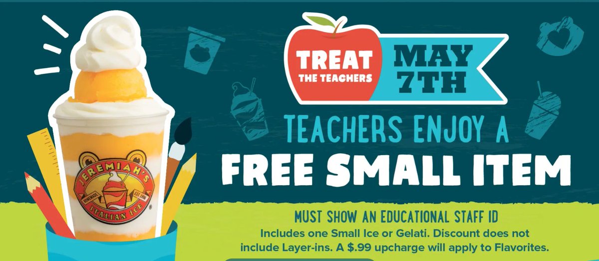 Stop by Jeremiah's today for "Treat The Teachers!"  Present you Flagler Schools Staff ID to take part and get a delicious cool treat. Jeremiah's, thanks for showing some love during Teacher and Employee Appreciation Week!