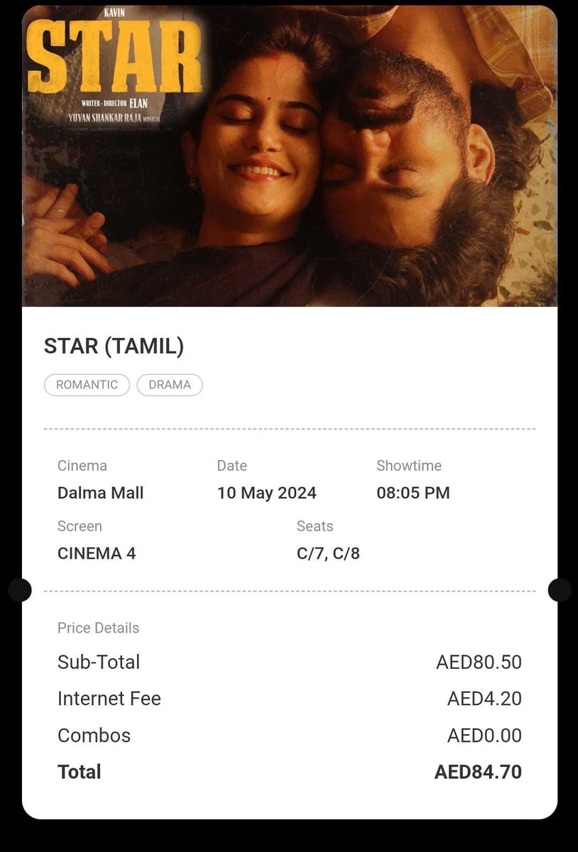 I booked a Ticket (🇦🇪 Abu Dhabi) Guys book your ticket go and watch on Theater.

Already #Star ⭐️ #Kavin na  @Kavin_m_0431 ❤️ you 
@riseeastcre @elann_t @thisisysr sir @aaditiofficial @PreityMukundan  @Ezhil_DOP @PradeepERagav    @homescreenent 
#STAR 
#StarFromMay10 
#StarMovie