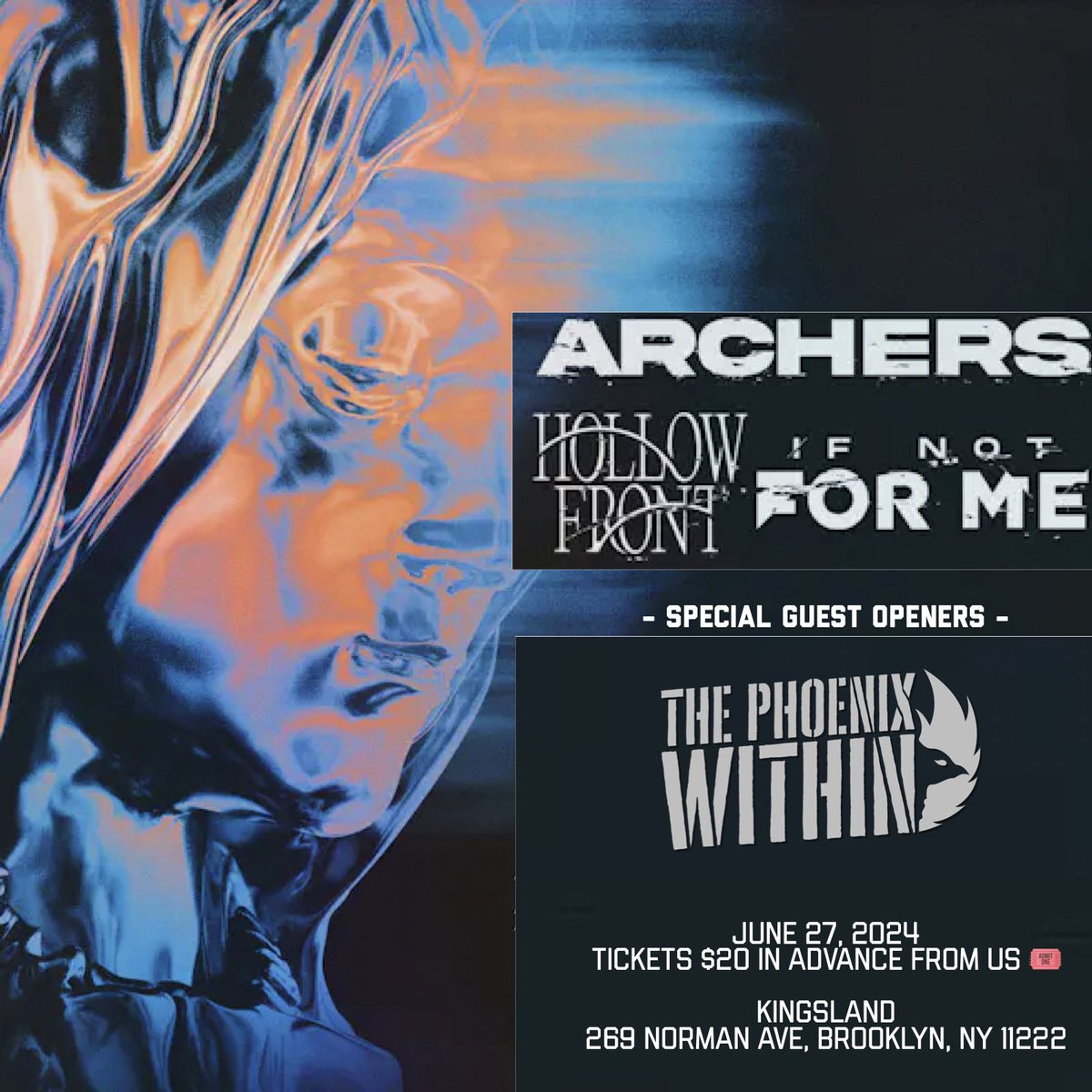 Thursday June 27, 2024 we are the special guest openers for Archers, If Not For Me, and our friends Hollow Front at the Kingsland in Brooklyn, NY. 🤘😊🎶