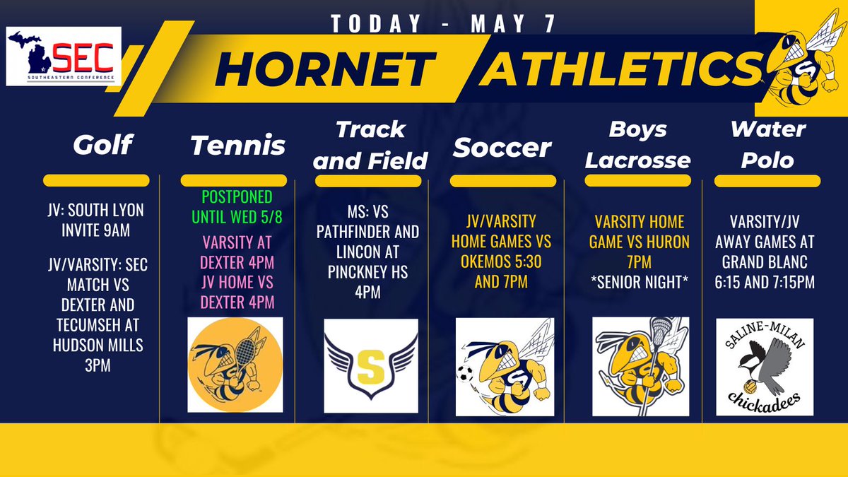 Though it may be rainy, here are the current athletic events.  If you have weather-related questions, please look for info from your Coach! Note that <a href="/SHSWomensTennis/">Saline Womens Tennis</a> has been postponed to tomorrow.  <a href="/SalineGolf/">Saline Golf</a> @salinelax <a href="/SalineGSoccer/">Saline Girls HS Soccer</a> <a href="/SalineMSTrack/">SalineMSTrack</a> @Saline_HS_girlswaterpolo