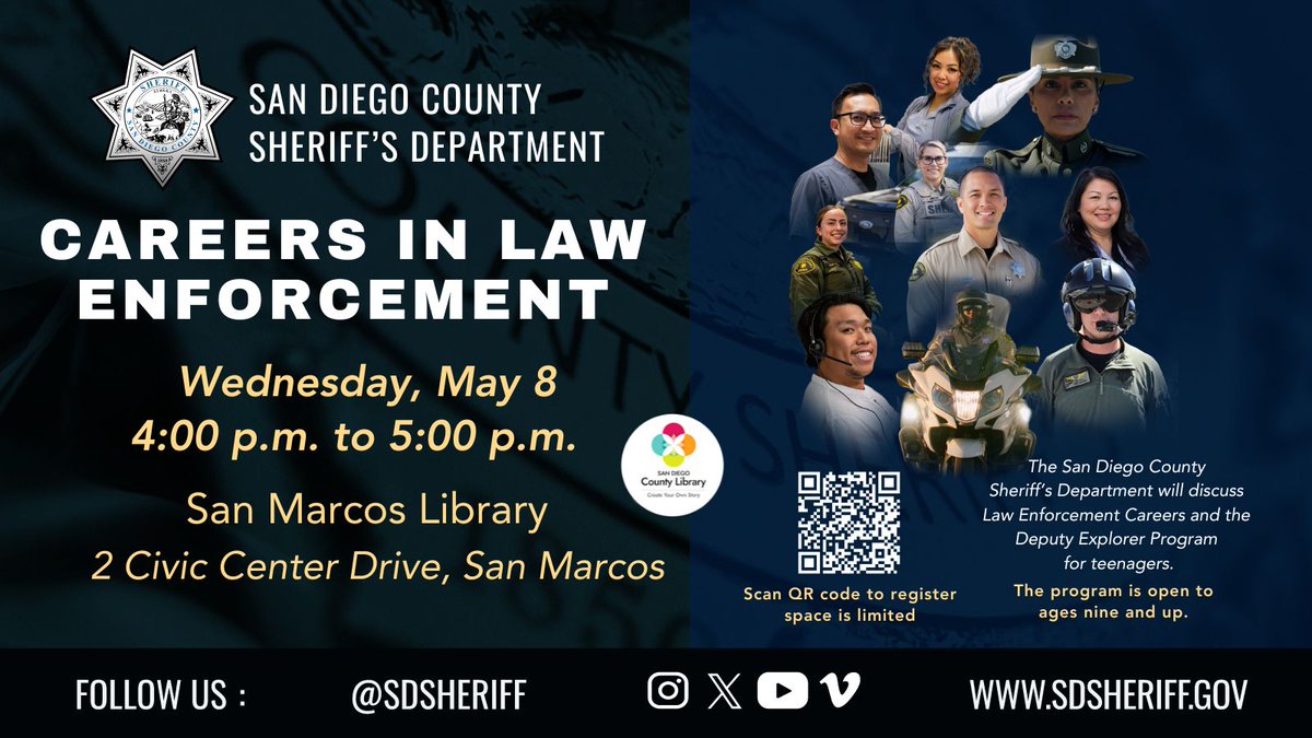 Join @SDSOSanMarcos at our presentation about Careers in Law Enforcement tomorrow, Wednesday, May 8 at 4:00 p.m. at @SDCL_SanMarcos, 2 Civic Center Dr., @sanmarcoscity. Scan the QR code or click: sdcl.bibliocommons.com/events/65caab5… to register today. #lawenforcementcareers #presentation