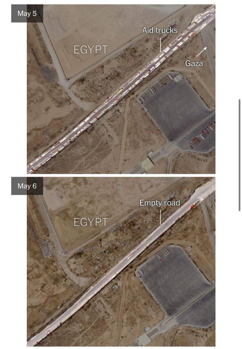 BEFORE AND AFTER: In the last 24 hours, upon Israel's ground invasion and seizing of the Rafah crossing, an aerial view shows the clearing of all aid trucks that were stranded in Egypt awaiting approval of entry into Gaza.