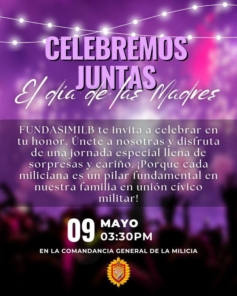 ¡Atención milicianas! 🌺 
Este jueves 9 de mayo, FUNDASIMILB tiene preparada una gran celebración en honor al Día de las Madres.
¡Únete a nosotras en esta emotiva jornada llena de sorpresas y cariño! 
¡Porque cada una de ustedes merece ser celebrada en grande! 🎉💕
@Milicia_B1