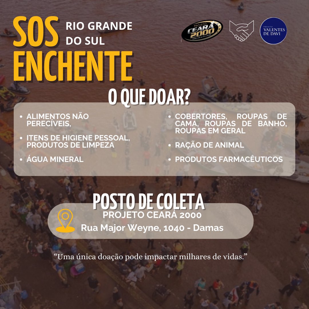 pc2000_'s tweet image. Projeto Ceará 2000 e Valentes de Davi juntos para ajudar as vítimas das enchentes no RS! Estamos arrecadando doações de alimentos, roupas e materiais de higiene até 17/05. Contamos com o apoio de todos os alvinegros, vamos juntos nessa corrente do bem! 🏁🤍
#RioGrandedoSul