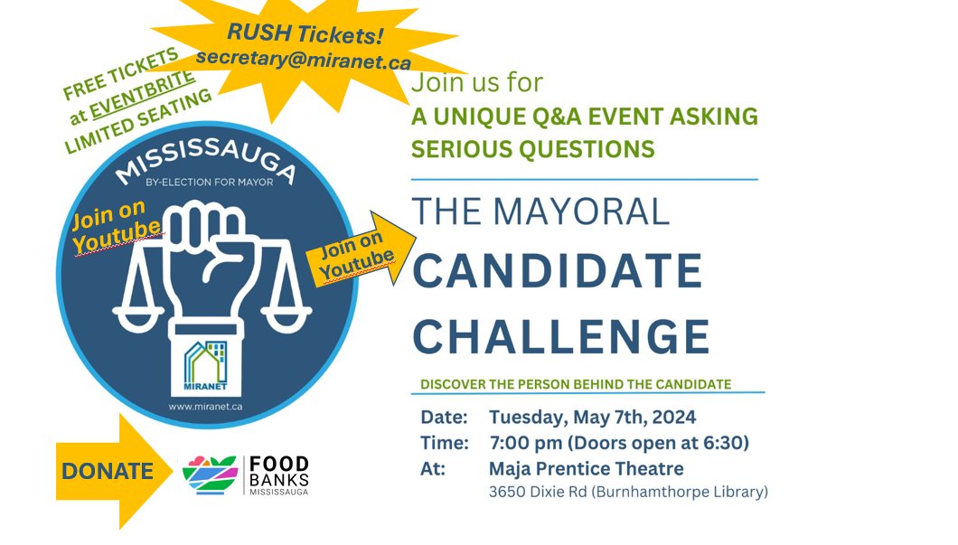 TONITE Doors open 6:30 pm
@MIRANET_Council hosts Candidate Challenge
Maya Prentice Theatre, 3650 Dixie Road

Grab a #Rush ticket: secretary@miranet.ca
#MissVotes #Mississauga #misspoli #peelpoli #MIRANET #civicengagement