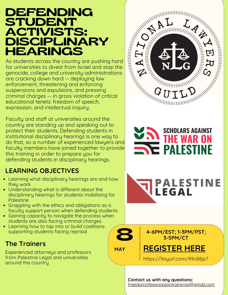 Training for faculty & staff: How to Defend Students in Disciplinary Hearings related to Mass Mobilizations for Palestine! Register: tinyurl.com/49c88jp7