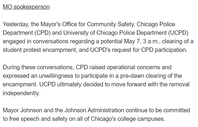 In an updated statement, a mayor's office spokesperson says UofC campus police requested that the Chicago Police Department help to clear Gaza solidarity tents in the middle of the night, and CPD 'expressed an unwillingness to participate' after raising operational concerns.