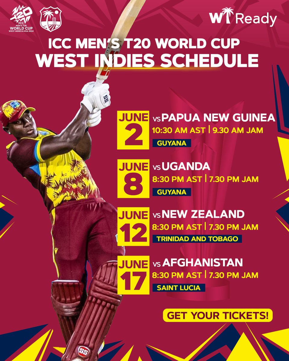 Maroon Fans, get your tickets EARLY to Rally with the #MenInMaroon for the #T20WorldCup! 🏆🏏 📲Tickets are avail at tickets.t20worldcup.com -OR- General Box office locations🌴: 🇦🇬: ARG 🇧🇧: Kensington Oval 🇬🇾: GCB Office 🇱🇨: DSCG 🇻🇨: Corea’s, Kingstown 🇹🇹: QPO & NCC #WIREADY