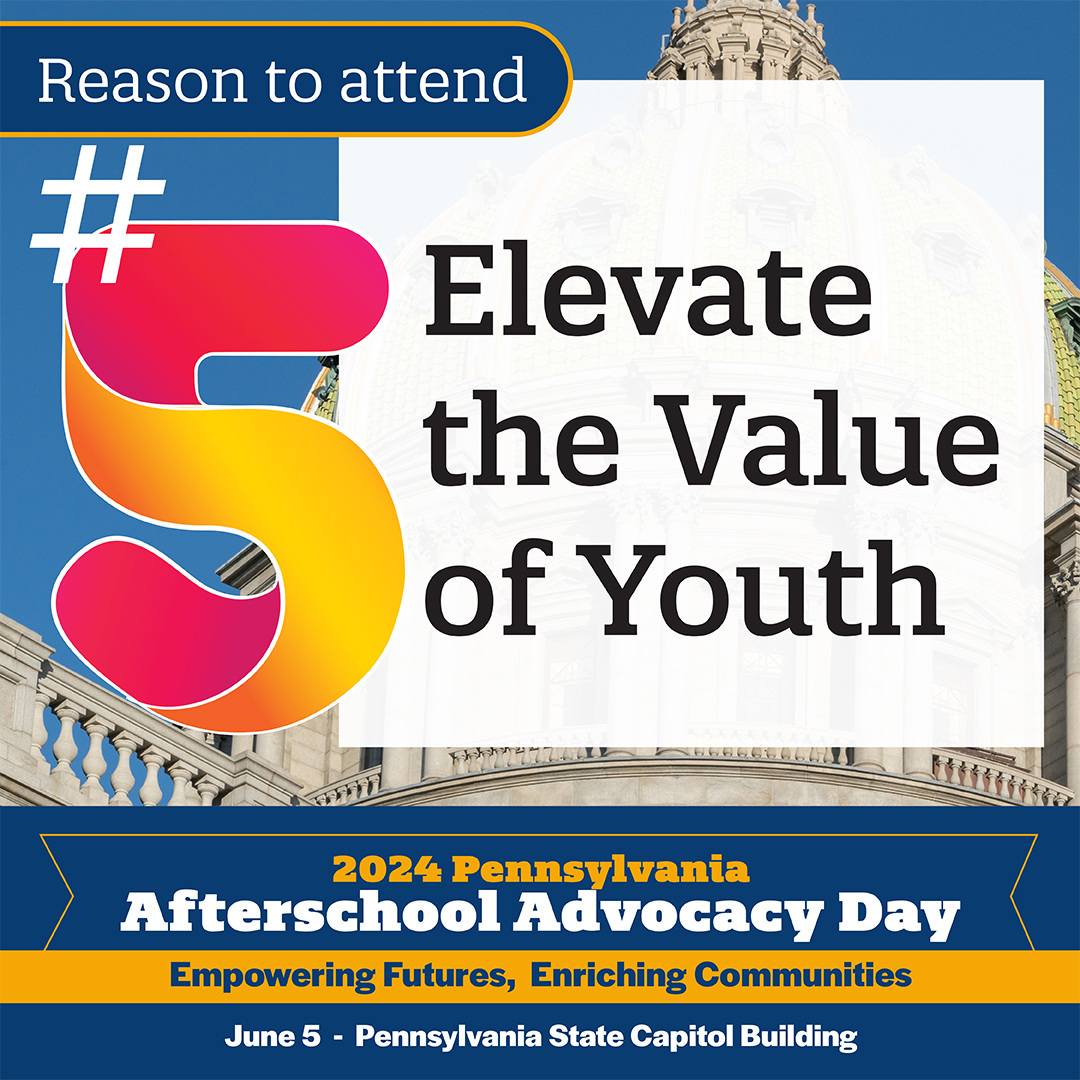 This week, we share the top 5 reasons to attend 2024 #AfterschoolAdvocacyDayPA, June 5, Harrisburg! #5: Demonstrate bipartisan solidarity in recognizing the value of youth & their futures, while advocating for quality #OST experiences. #afterschool hubs.ly/Q02wqfL20