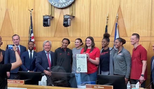 Today your Lady Rebels were recognized by Commissioner Segerblom at the County Commission Meeting for our historic 2023-2024 season! 🏀🎉