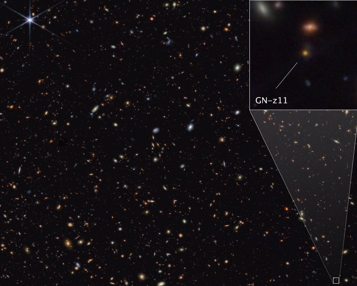 This #BlackHoleWeek, we're pulled in by the farthest active supermassive black hole ever spotted. Webb's image shows the black hole's host: GN-z11, a galaxy that existed when our 13.8 billion-year-old universe was only about 430 million years old. More: go.nasa.gov/4dujNS2