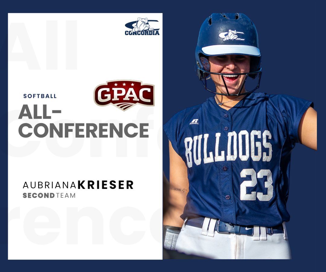 🏅 GPAC All-Conference 🏅
➡️ Second Team

🥎 <a href="/AubKrieser/">Aubriana Krieser</a> | Lincoln, NE

📝 2024: Team high .389 BA (28/72), 19 R, 7 2B, 4 HR, 24 RBIs, .395 OBP, .653 SLG; named <a href="/cunebulldogs/">Concordia Bulldogs</a> Female Athlete of the Month for April.