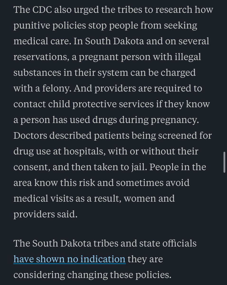 What percentage of South Dakota women who skip or limit prenatal care do so because they are afraid of being punished for using drugs+alcohol? 

Also, drug testing women without consent goes against ACOG recommendations: acog.org/advocacy/polic…