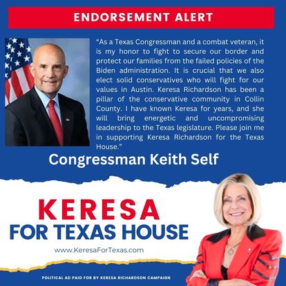 Keith Self is endorsed by President Donald Trump. Keith Self endorses Keresa Richardson for the runoff election on May 28th, 2024. #AskKeresa #KeresaRichardson #KeresaForHD61 #ConservativeRepublican #TexansFight #RunoffElectionMay28th2024 #VoteForKeresa #TexasHD61