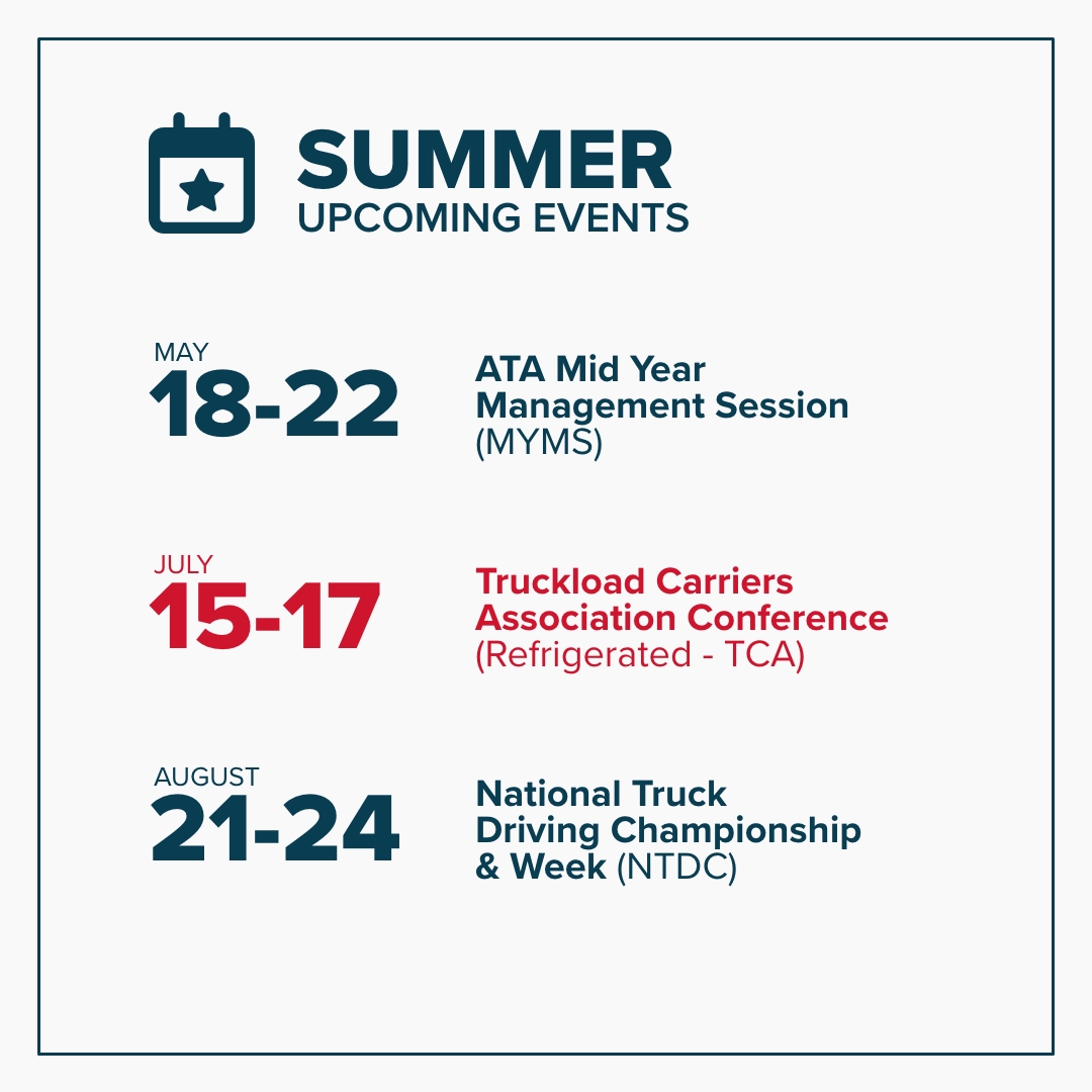 We’re excited to share some of our upcoming summer events. Comment below if you’ll be joining us at any of them. We’d love to hear from you!
#ACT1 #truckingindustry #trucking #conferences