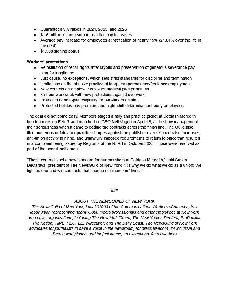 ANOTHER WIN: Our members at @MeredithUnion have won their contracts! Highlights include lifting the average union worker’s pay immediately by 15%, a total of $1.6M in lump-sum retroactive-pay increases and much more. Read here .. nyguild.org/post/dotdash-m…