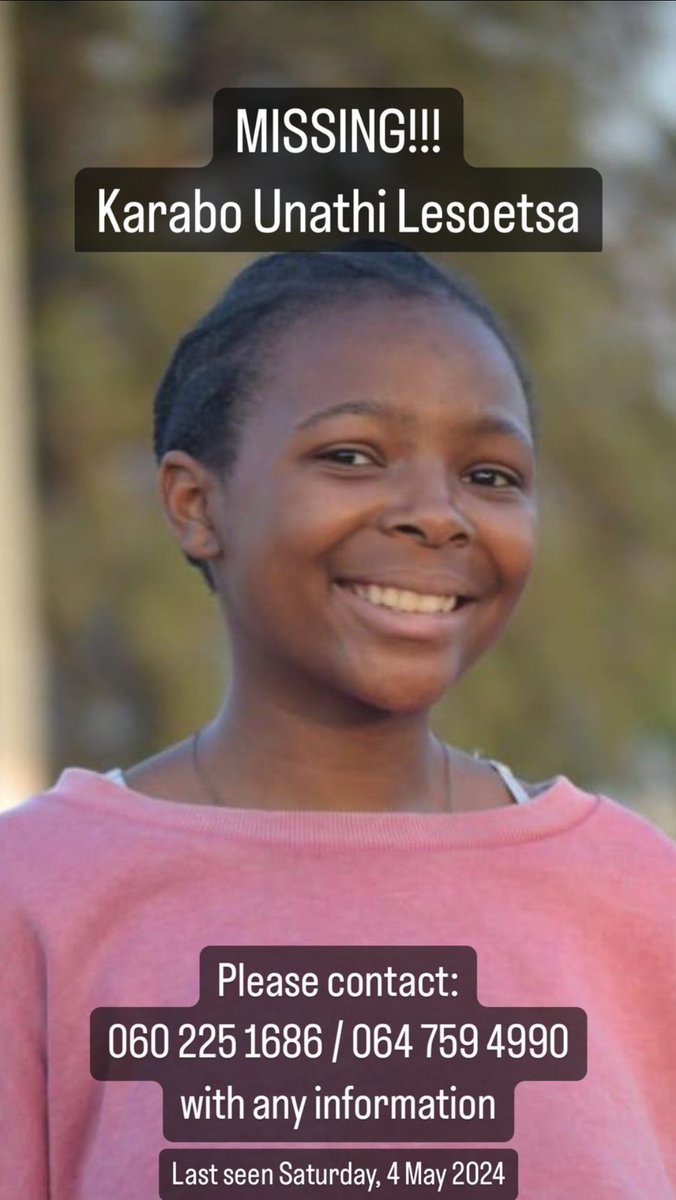 Let's bring Karabo home. She was last seen in Katlehong, Skhonsana section on 4 May 2023. She was wearing a black dress and a blue sweater. Share far and wide. #missingperson