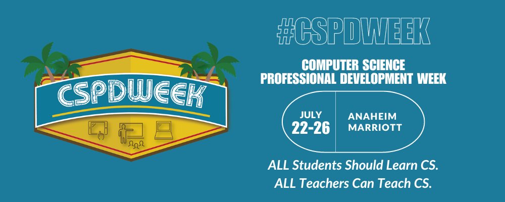 There is so much in store for you during the 2024 #SummerofCS week including in-person, statewide CSPDWeek series of workshops intended for Grades 6-12 public school educators & paraprofessionals! Learn more at: mailchi.mp/85c0c4c39932/4… Via @CSEdWeek @CSforALL