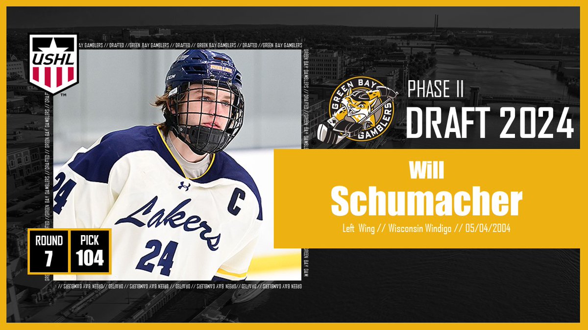 Gamblers select Will Schumacher with their 2nd pick in round 7. Will was a captain for the Wisconsin Windigo last year and finished the season playing with the Sioux Fall Stampede. #GoGamblers