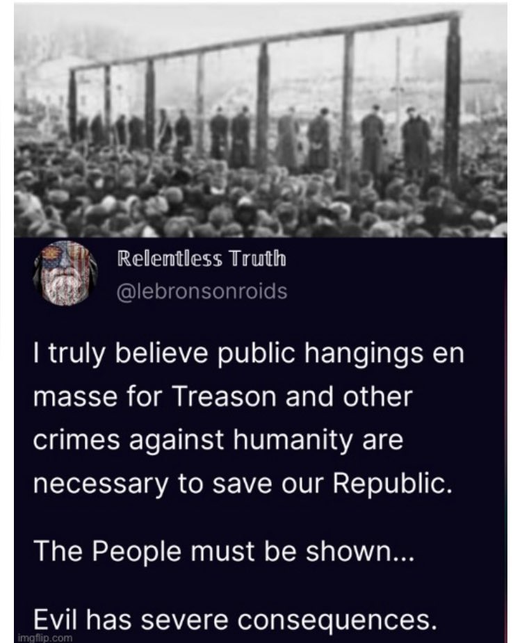 EXACTLY. Those who engaged in treason against America, and those who engaged in crimes against humanity during the COVID plandemic must be made an example of by paying the ultimate price for their crimes. Their punishment must serve as a warning to those considering similar acts.