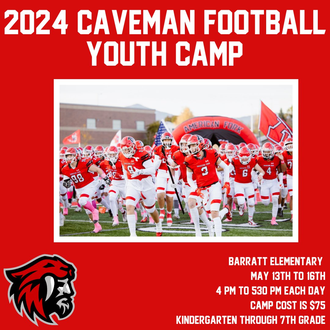 We are excited to announce our 2024 Caveman Youth Football Camp! The camp will take place May 13th-16th at Barratt Elementary Youth will be coached by the Caveman Football coaching staff and our senior players. Register online at: successfund.com/cavemanfootbal…