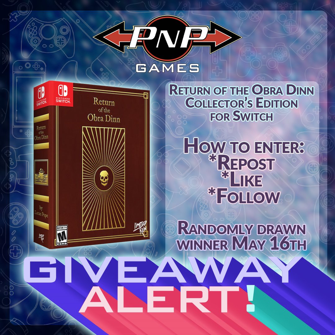 GIVEAWAY ALERT -   

REPOST, LIKE, AND FOLLOW PNP GAMES for your chance to WIN THIS UNIT OF RETURN OF THE OBRA DINN COLLECTOR'S EDITION FOR NINTENDO SWITCH! 

The second commercially released game from Lucas Pope - Return of the Obra Dinn is a first-person mystery adventure based…