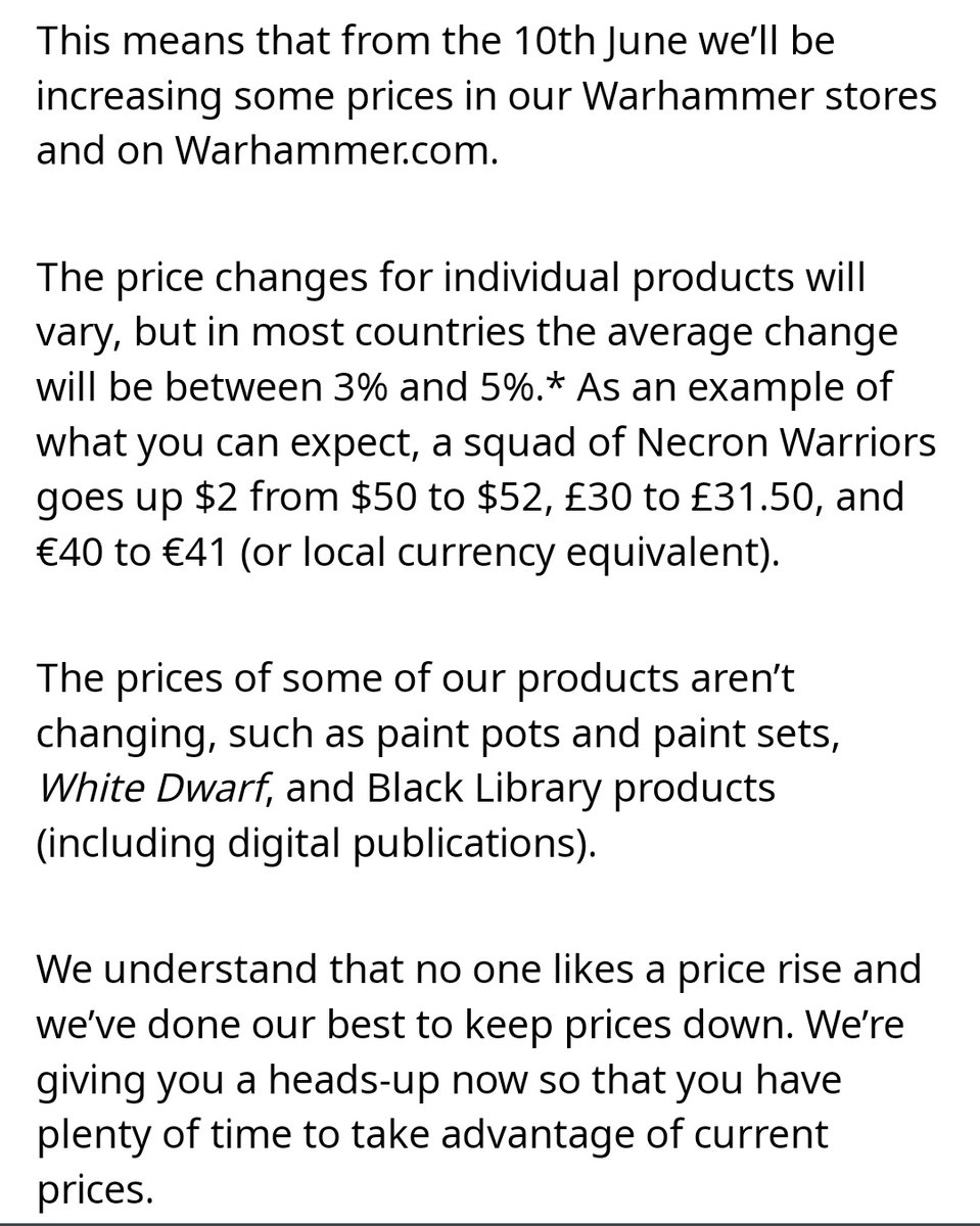 Gw needs to realise they are losing a war against 3dprinters and have damaged their products
raising prices is a short term solution that won't last,

they need to figure out a way to create the same falue as 3d prints
and make big changes,
otherwise they will loses everything.👇