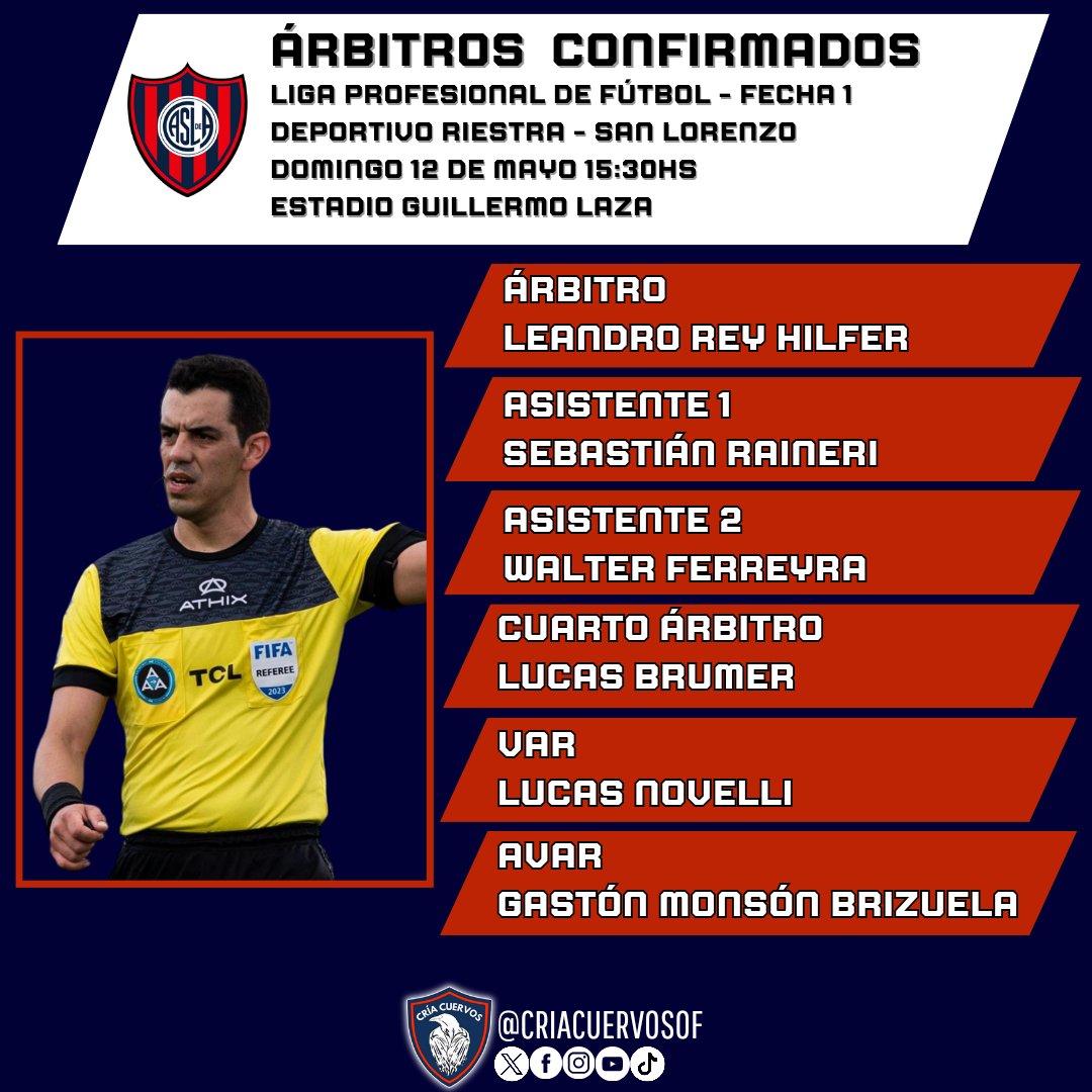 ⚖️ Árbitros confirmados para el debut en la LPF. El partido entre el Riestra y #SanLorenzo será arbitrado por Leandro Rey Hilfer junto a los asistentes Sebastián Raineri y Walter Ferreyra. 4° será Lucas Brumer.
En el VAR estará Lucas Novelli y el AVAR será Gastón Monsón Brizuela.