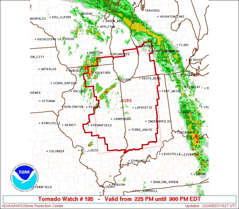 1:28pm CDT #SPC_Watch WW 195 TORNADO IL IN MI WI LM 071825Z - 080100Z, #ilwx #inwx #miwx #wiwx #lmwx, spc.noaa.gov/products/watch…