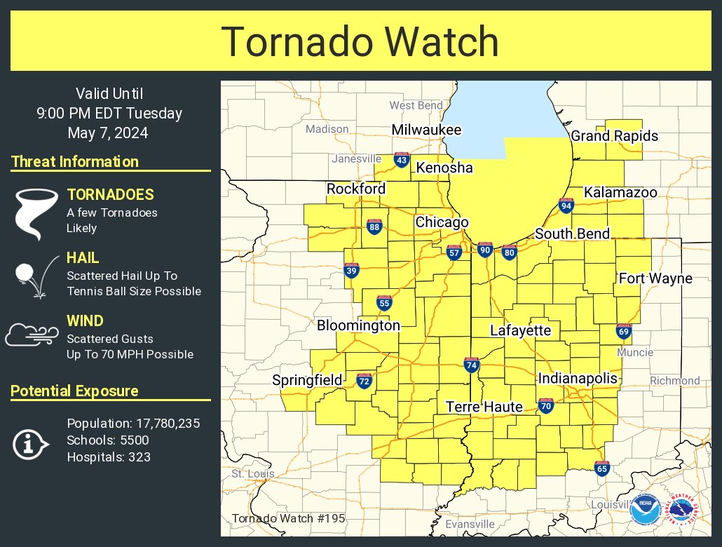 A tornado watch has been issued for parts of Illinois, Indiana, Michigan and Wisconsin until 9 PM EDT