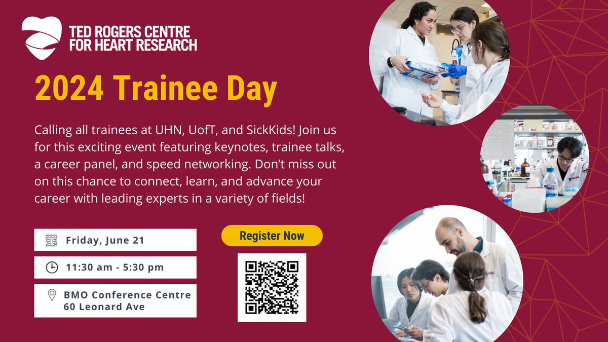 Calling all @UHN, @UofT, and @sickkids Trainees! 📢Trainee Day is back for 2024 featuring incredible keynotes, a career panel, and networking opportunities. Registration is now open for this half-day event and spaces are limited, so sign up today! 🫀eventbrite.com/e/2024-trainee…