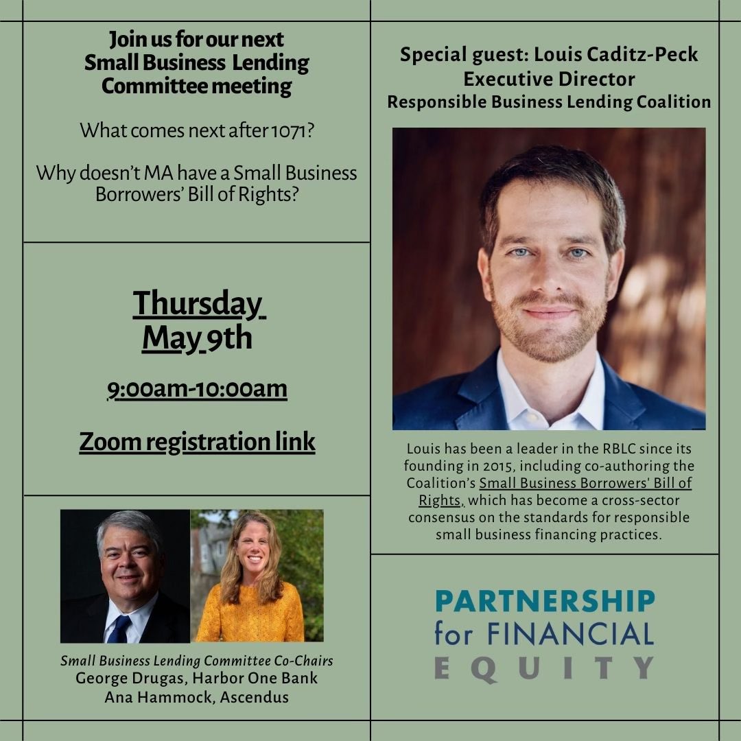 Join us Thurs am at 9 for an engaging conversation w Louis Caditz-Peck, @TheRBLC. What comes next after 1071? What can #smallbusinesslending field learn from #housing field about policy and market solutions? us02web.zoom.us/meeting/regist…