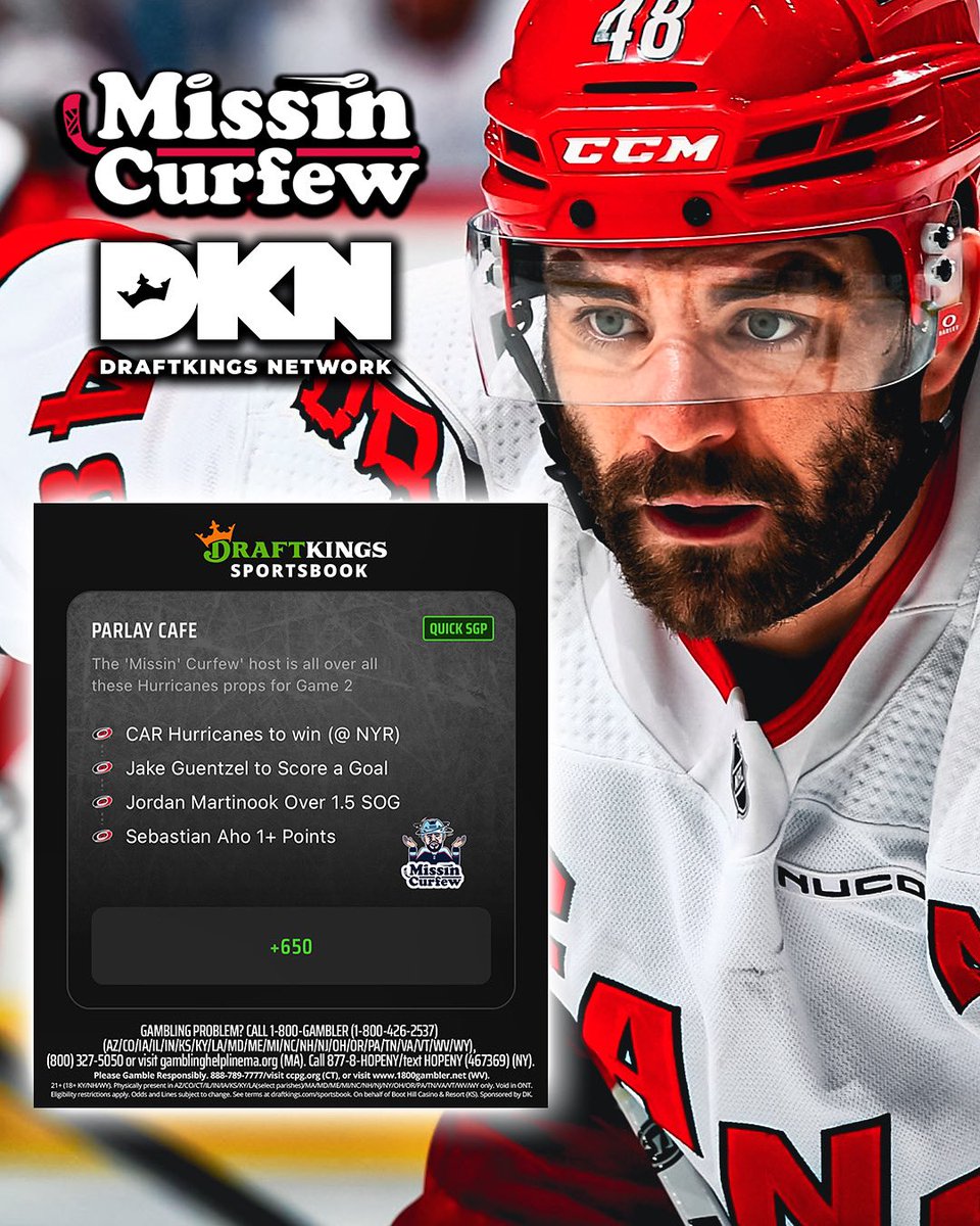 #DraftKings Parlay Cafe ☕️ 

@ShaneOBrien55 #CauseChaos (+650)
➡️: #Hurricanes to WIN (vs NYR)
➡️: Guentzel Anytime Goal
➡️: Martinook OVER 1.5 SOG 
➡️: Aho 1+ Points 

@DKSportsbook | #DKPartner
