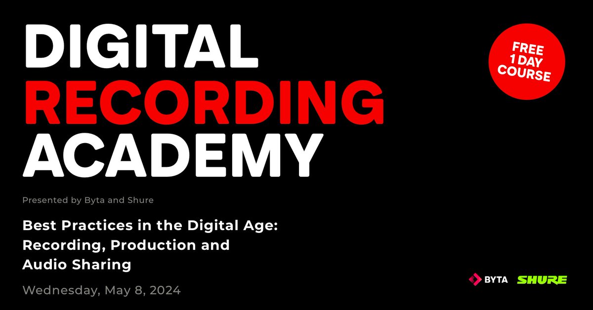 Join us tomorrow for the Digital Recording Academy, hosted by Laura Davidson from Shure and Marc Brown from Byta! In this four-session series, you'll gain the tips and tricks you need to record like a pro.  

Secure your spot now for FREE: shu.re/4aecXxc