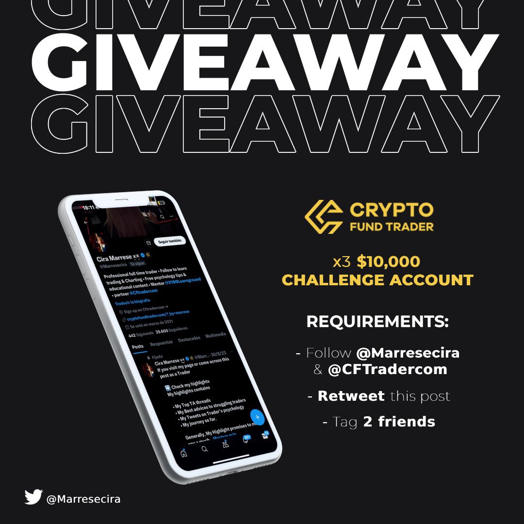 3 x $10k Challenge Account GIVEAWAY to 3 random followers

Criteria to Win 
⇨Follow : @Marresecira & @CFTradercom 
⇨Follow : @Energycrypt , @SDX_Trades & @Sammypreneur_  @Alagpro 
⇨Like & Repost this Giveaway
⇨Tag 3 friends in the comment

Winners after 48hrs 🔥💯
LFG🚀

Must