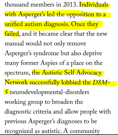 @aneeman @mnvrsngh @Eidle_Ira @slooterman @NewYorker So nice to meet you! Thank you for weighing in. As an editor myself, I wonder if this part is muddling things, because it could convey:

-Aspies failed
-ASAN made the best of it