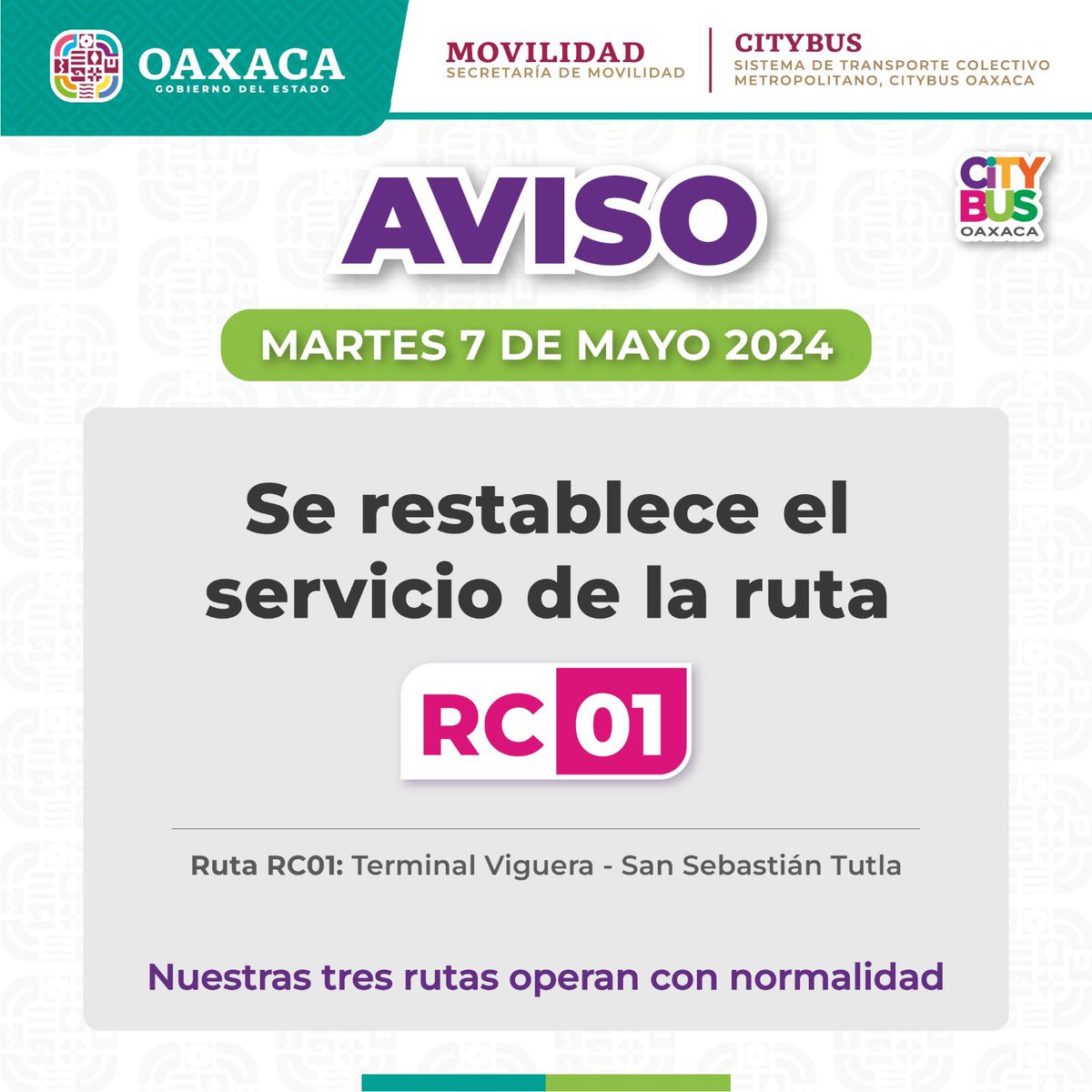 Informamos a la población el restablecimiento de la ruta RC01. #ViajaConNosotros