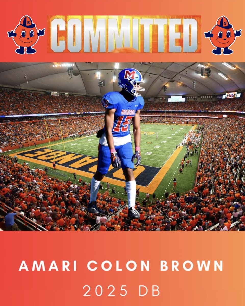 First I want to say that I’m extremely blessed & after a great conversation with coach @FranBrownCuse I am blessed to recieve a scholarship and Commit to Syracuse university, AGTG! @CuseFootball @AlexKellyCuse @CTC4CHANGE  @GregCTC585 @RoeFootball_