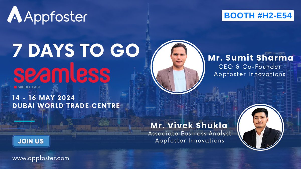 7 days to go until @seamlessMENA  
Team @appfoster is super excited to be exhibiting at #SeamlessDXB and we can't wait to showcase how our expertise can transform your online business

#SeamlessME24 #middleeastevents #Ecommerce #middleeastevents #seamlessmiddleeast #seamlessdxb