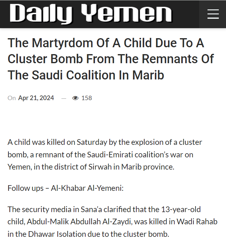 US-made cluster bombs continue to kill kids in Yemen, nearly 8 years after Congress failed to ban their transfer to the Saudi regime (The same will be true in Ukraine, where DOD's own estimates indicated that there will be hundreds of thousands of unexploded cluster bomblets)