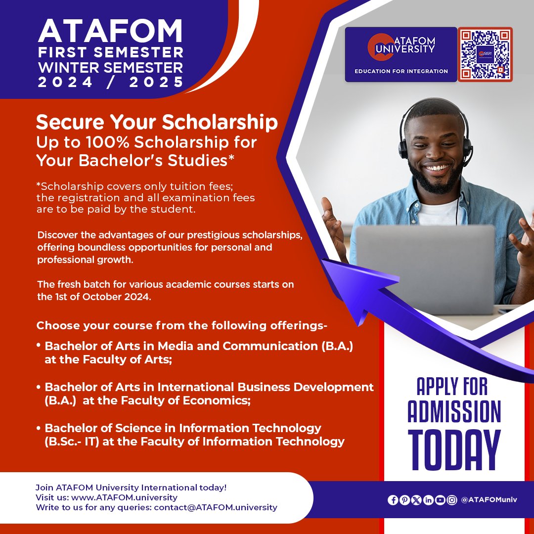 Join ATAFOM University International today and pave the way for a bright future.

Experience the limitless possibilities at ATAFOM University. Enroll now!

#OnlineCampus #ATAFOMOnlineCampus #OnlineLearning #Education #StudentLife #Inspiration #BachelorCourses #UniversityLife
