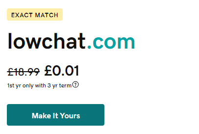 🚨👇Expired & available: LowChat.com

'low' has a surprisingly high ave keyword sale. Brandable, interesting short chat.com, nothing more to say on this on! 15yrs old.

Would you reg it for $10❓

#domains #domainer #domainsforsale #web 
#digital