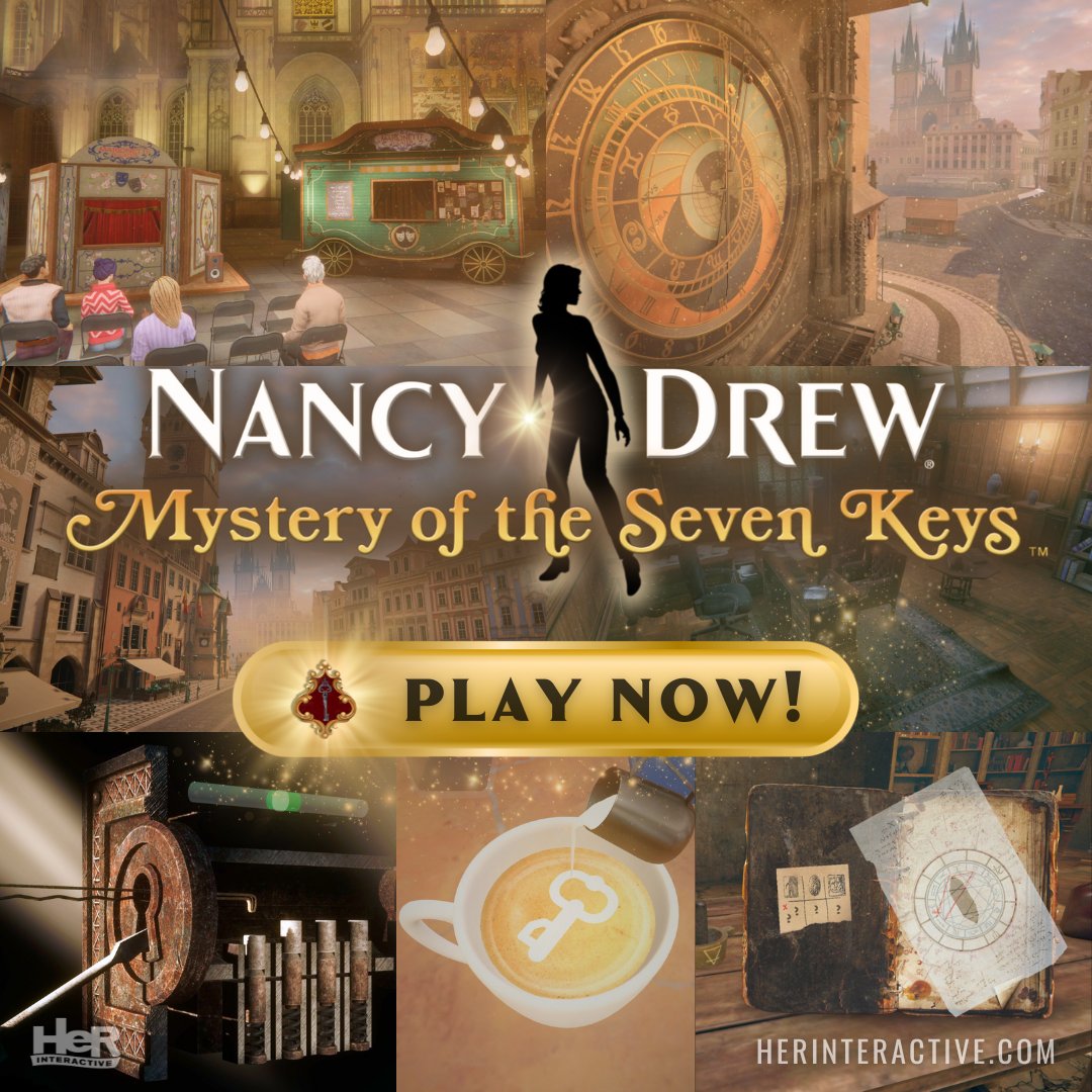 ✨ Now available — Nancy Drew: Mystery of the Seven Keys ✨ Play as detective Nancy Drew and travel to Prague for her 34th case  — with classic point-and-click or modern navigation! 🗝️
🛍️ Available NOW at Herinteractive: bit.ly/3VWstuh