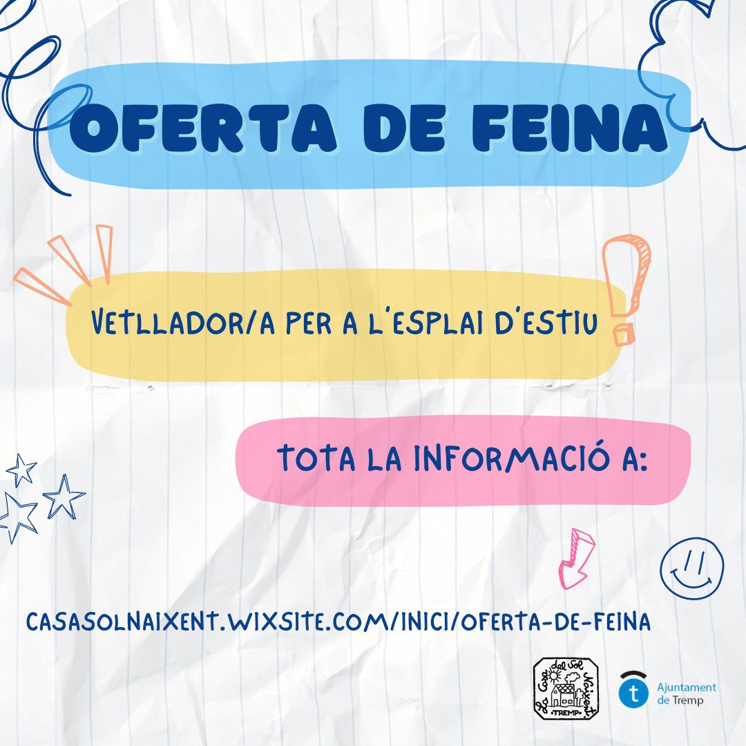 OFERTA DE FEINA‼️
Ets vetllador/a i busques feina aquest estiu? 🤔

Dona un cop d’ull a la nostra oferta 👀

Aquest estiu, treballa a l’ #EsplaiAmbLaCasa 🤩