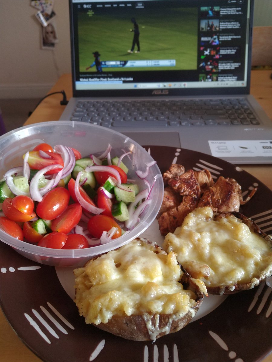 Jerk chicken, twice baked cheesy potato and salad and sadly a losing Scottish woman 🙁