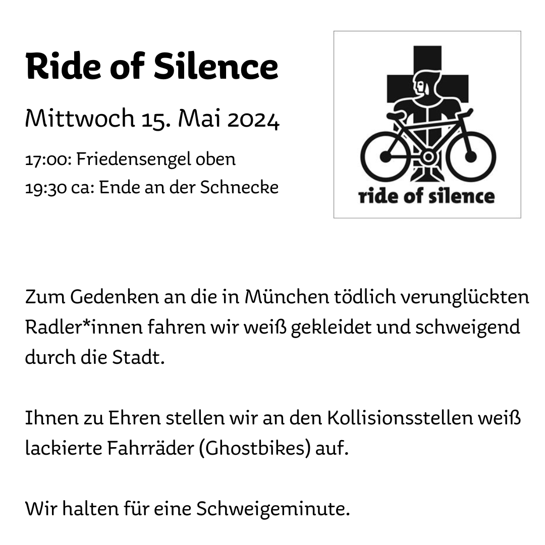 Radentscheid_M's tweet image. 📆 Ride of Silence am Mittwoch 15. Mai 2024 17:00

Der Ride of Silence (RoS) ist ein internationaler Termin zum Gedenken an die vielen Verkehrstoten überall auf der Welt.