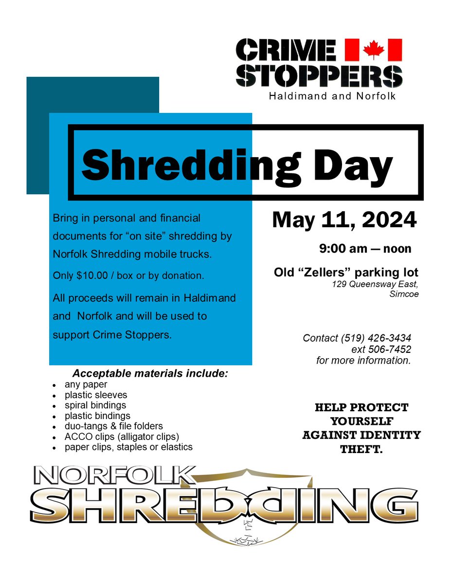 Do you have documents waiting to be shredded? Stop by our first #protectyouridentity shredding event of the year this Saturday, at the old Zellers parking lot in Simcoe. Volunteers from our team will be there from 9:00am to noon.
#communitypartnerships #SayItHere